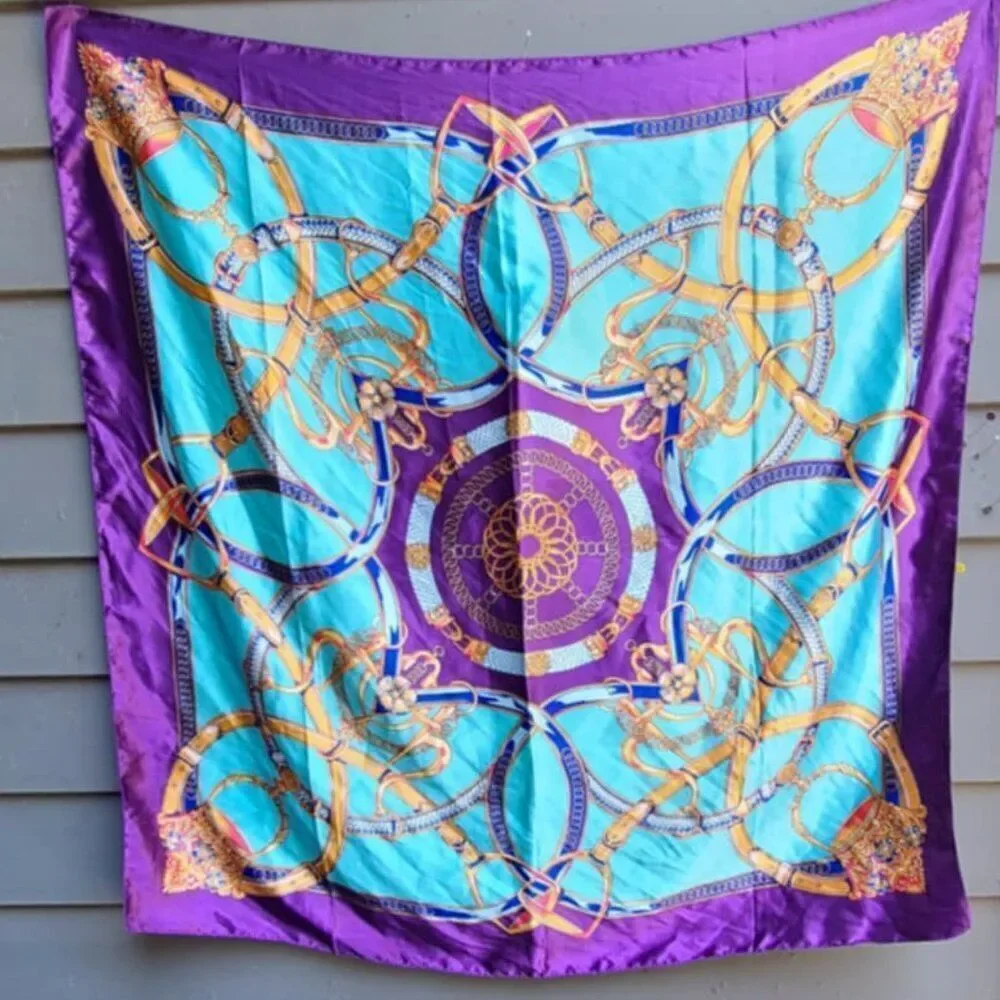 Vintage Satin Purple Blue Gold Horse Bit Scarf